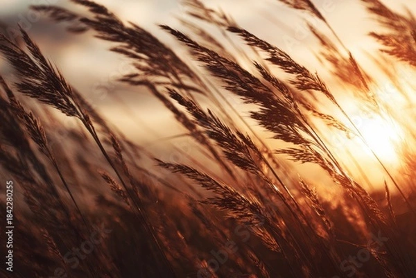 Obraz Close-up of tall, wispy grass backlit by the setting sun, creating a warm, golden glow