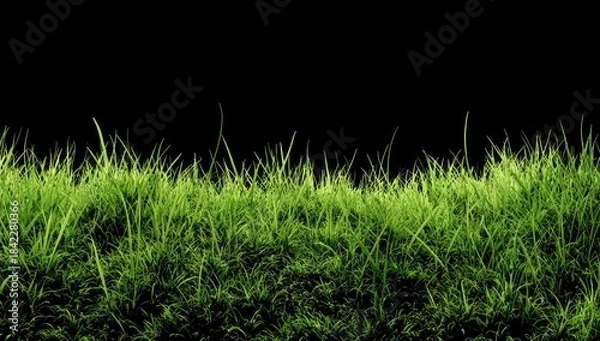 Obraz Close-up of vibrant green grass blades against a stark, black background