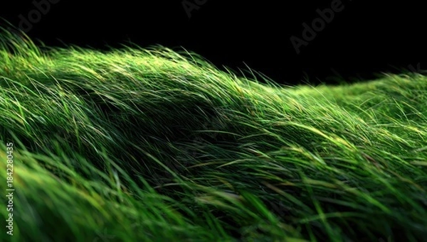 Obraz Close-up of vibrant, wind-swept grass with dynamic light and shadow against a black backdrop
