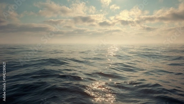 Obraz An expansive ocean scene with sunlight dancing on the water under a cloudy sky