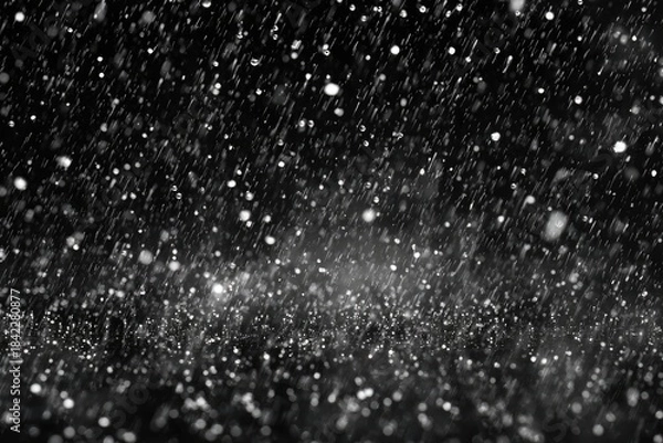 Obraz Black and white close-up captures rain or snow, with blurred droplets falling
