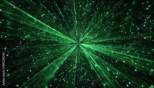 Obraz Green light bursts from a central point, creating a starburst effect with small, scattered particles