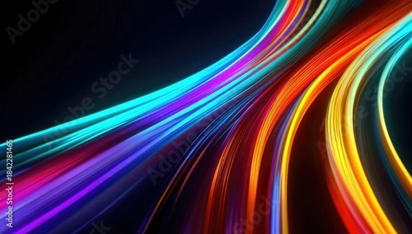 Obraz Abstract digital artwork of glowing, colored light trails curving across a dark background