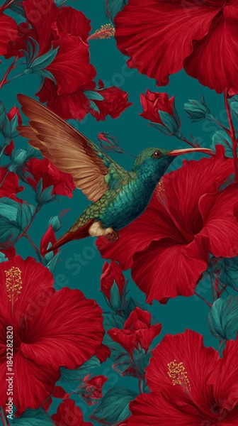 Obraz Colorful hummingbird with red flowers, digital art