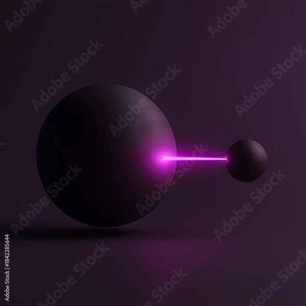 Fototapeta Pink laser beam connecting two abstract spheres in a dark, minimalist space