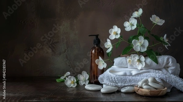 Obraz A spa scene with white towels rocks and flowers Created with Generative AI technology