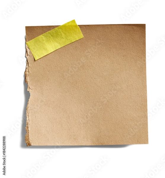 Obraz torn brown paper note with yellow tape, isolated.