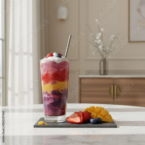 Obraz Healthy Berry and Mango Smoothie with Fresh Fruits on Table