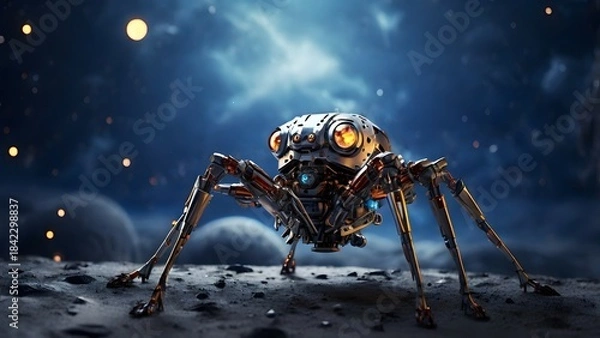 Obraz A sixlegged spider robot explores the moon Created with Generative AI technology