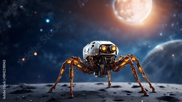 Obraz A sixlegged spider robot explores the moon Created with Generative AI technology
