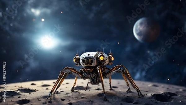 Obraz A sixlegged spider robot explores the moon Created with Generative AI technology