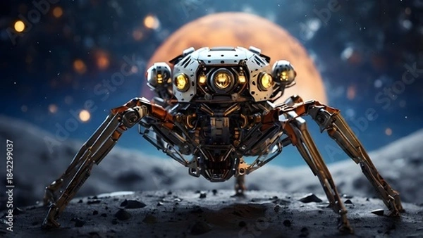 Obraz A sixlegged spider robot explores the moon Created with Generative AI technology