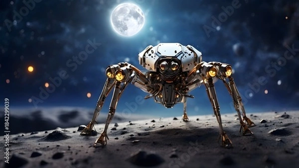 Obraz A sixlegged spider robot explores the moon Created with Generative AI technology