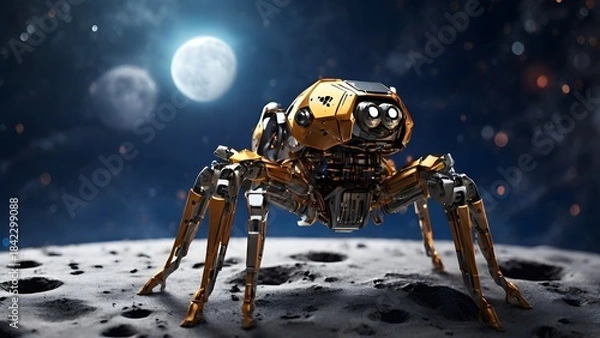 Obraz A sixlegged spider robot explores the moon Created with Generative AI technology