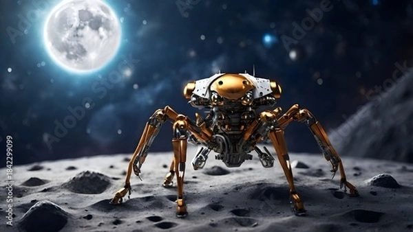 Obraz A sixlegged spider robot explores the moon Created with Generative AI technology