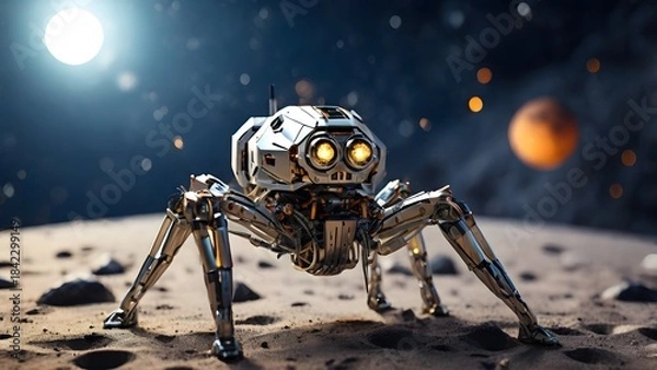 Obraz A sixlegged spider robot explores the moon Created with Generative AI technology
