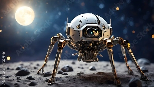 Obraz A sixlegged spider robot explores the moon Created with Generative AI technology
