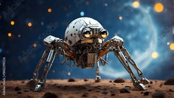 Obraz A sixlegged spider robot explores the moon Created with Generative AI technology