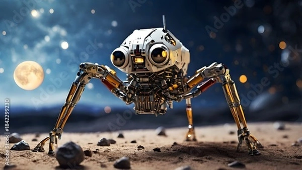 Obraz A sixlegged spider robot explores the moon Created with Generative AI technology