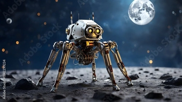 Obraz A sixlegged spider robot explores the moon Created with Generative AI technology