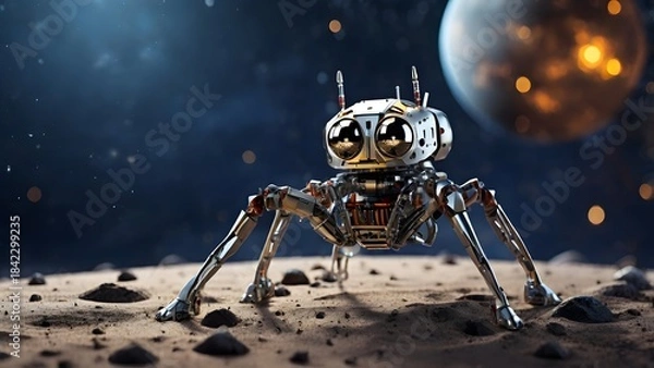 Obraz A sixlegged spider robot explores the moon Created with Generative AI technology