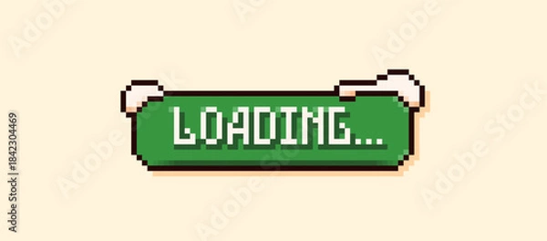 Fototapeta Christmas pixel speech bubble with a green background the phrase Hello Winter and snow peaks.