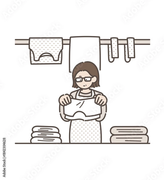 Fototapeta 洗濯物をたたむ40代女性のイラスト