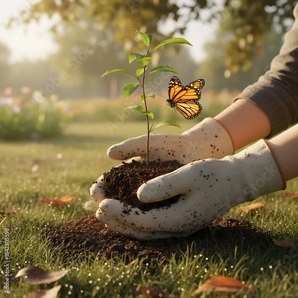 Obraz Hands planting a sapling with a butterfly resting on a leaf in a lush green garden with sunlight filtering through trees, symbolizing growth and nature's beauty