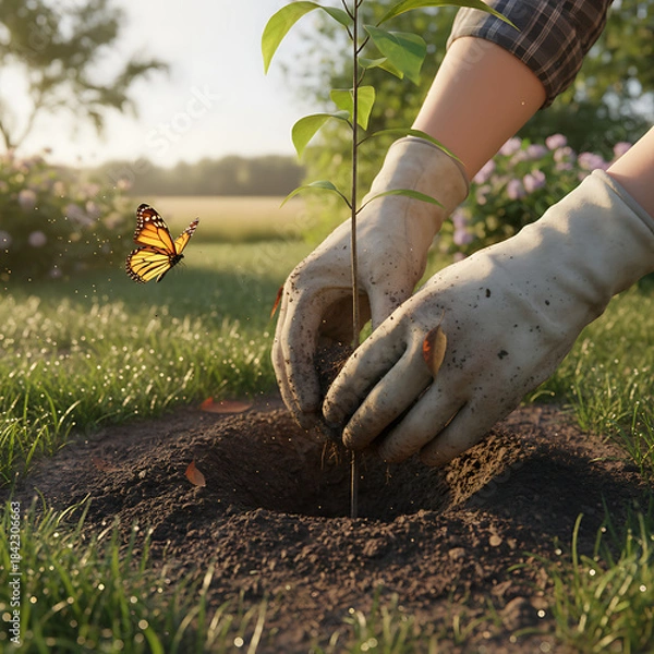 Obraz Hands planting a small tree in a garden with a butterfly flying nearby on a sunny day