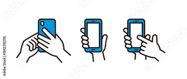 Obraz スマートフォンを持つ・操作する・画面を見せる手の、シンプルなベクターイラストアイコンセット