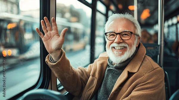 Obraz An elderly man on the bus greets passengers in a friendly manner