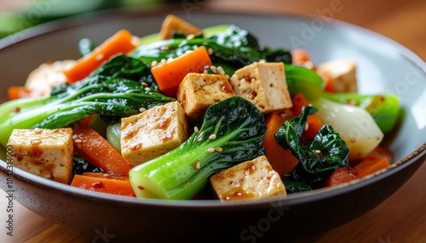 Fototapeta close-up of a traditional asian vegetable stir-fry with carrots, bok choy, and tofu