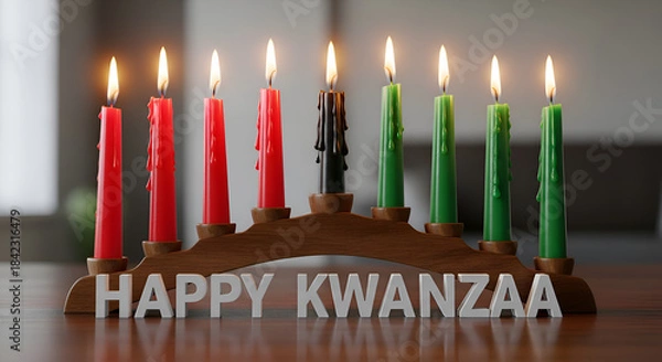 Fototapeta Kwanzaa kinara with lit candles and happy kwanzaa sign