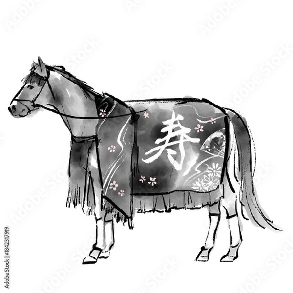 Obraz 華やかな和風の衣装を身につけた馬の水墨画イラスト　モノクロ　午年　誘導馬　年賀状
