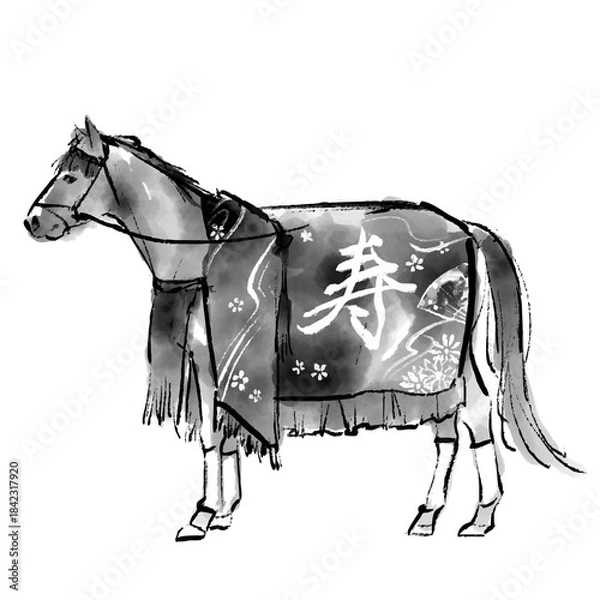 Obraz 華やかな和風の衣装を身につけた馬の水墨画イラスト　モノクロ　午年　誘導馬　年賀状