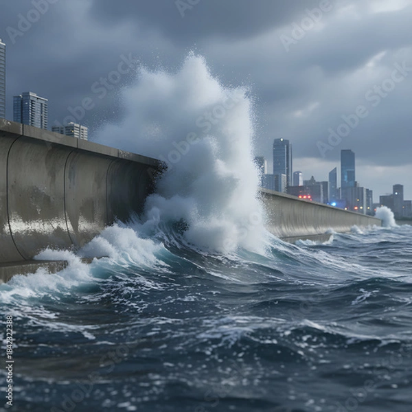 Obraz Powerful ocean waves crash against a city seawall under a dramatic sky