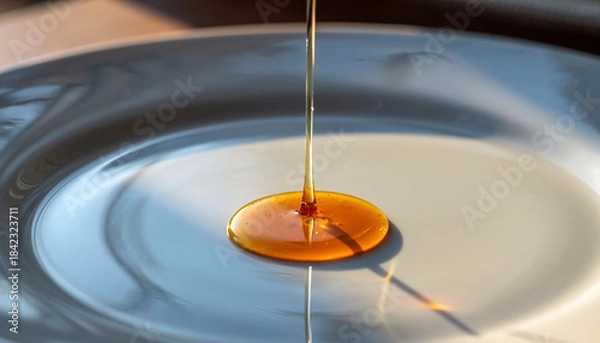 Obraz A thin stream of golden-brown syrup or honey pouring onto a white ceramic plate, creating a small reflective puddle.