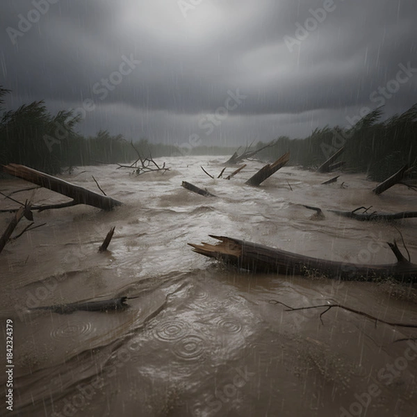 Obraz Dramatic storm surge inundates a muddy river with fallen trees and debris under a dark, stormy sky