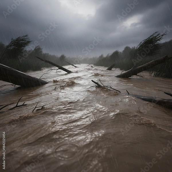 Obraz A powerful and turbulent river overflows its banks during a severe rainstorm, carrying fallen logs amidst wind-battered trees under a dark, ominous sky, illustrating nature's raw force