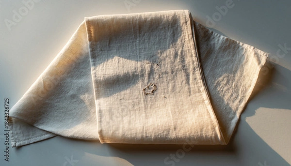 Obraz A folded piece of light-colored fabric with a small embroidered detail, casting a shadow on a flat surface.