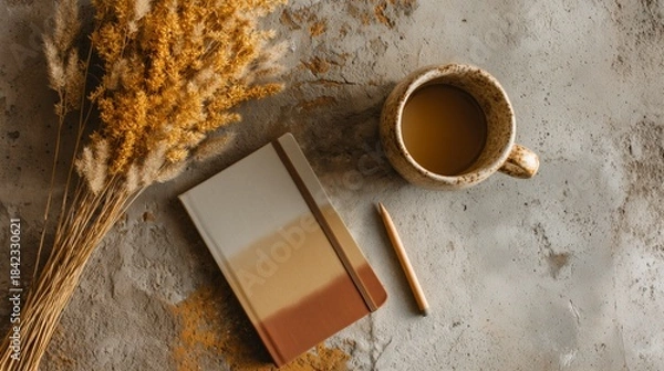 Obraz Minimalist workspace flat lay with raw concrete desk, pampas grass planner and earthy ceramic mug in warm ochre palette