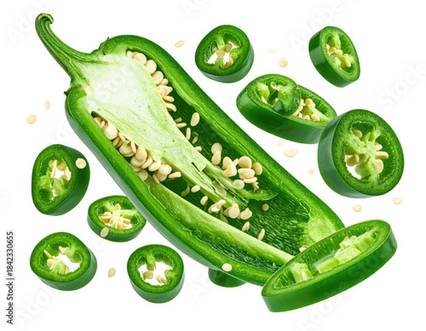 Fototapeta Fresh green pepper, sliced and whole, with seeds. Isolated on black