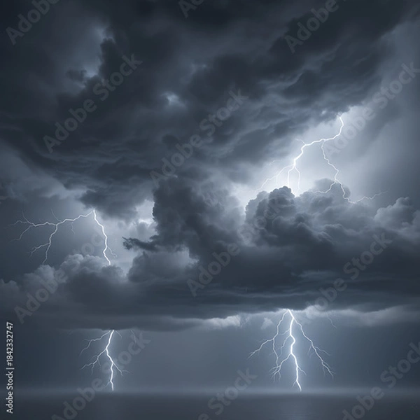 Obraz Powerful lightning bolts electrify the vast, dark ocean under a turbulent, ominous sky, capturing the intense drama and raw energy of a severe thunderstorm