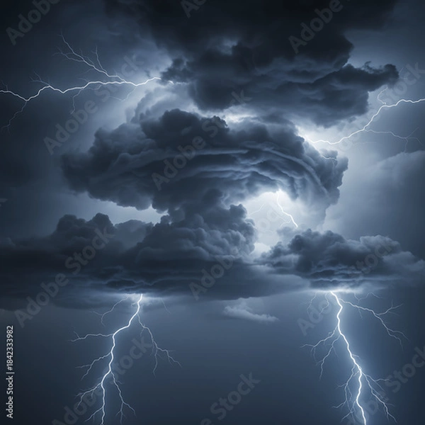 Obraz A spectacular and dramatic lightning storm illuminates the ominous, swirling dark clouds, showcasing the raw, untamed power and awe-inspiring fury of nature's electrical forces