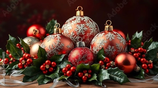 Obraz An ultra-realistic still life of classic Christmas ornaments and holly, rendered with meticulous detail for a Merry Christmas theme
