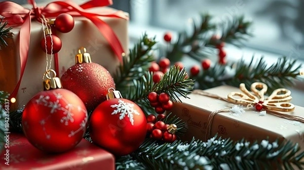 Obraz An ultra-realistic visual interpretation of Merry Christmas, emphasizing sharp focus and natural lighting, showcasing realistic textures of ornaments, wrapping paper, and winter foliage