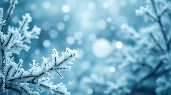 Obraz An ultra-realistic, frosted Christmas background with icy branches, crystalline snowflakes, and cool blue and white tones, creating a serene winter scene