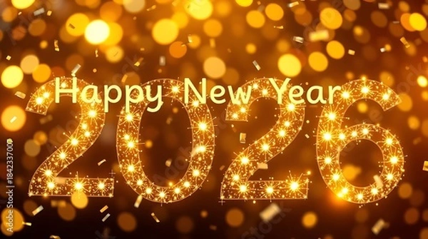 Obraz An ultra-realistic, high-definition photograph capturing the essence of New Year 2026, showcasing glowing confetti and the words 'Happy New Year 2026' in a festive, stylized font