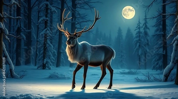 Obraz An ultra-realistic, majestic reindeer standing in a snowy forest clearing on Christmas Eve, with a soft moonlight casting long shadows