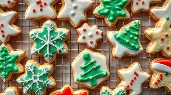 Obraz An ultra-realistic, overhead view of Christmas cookies artfully decorated with festive icing, arranged on a cooling rack